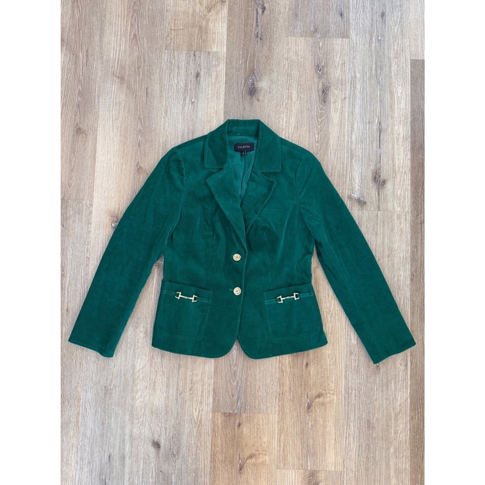 Talbots Preppy Corduroy Blazer Sz 6 Green Horsebit Button Old Money Equestrian